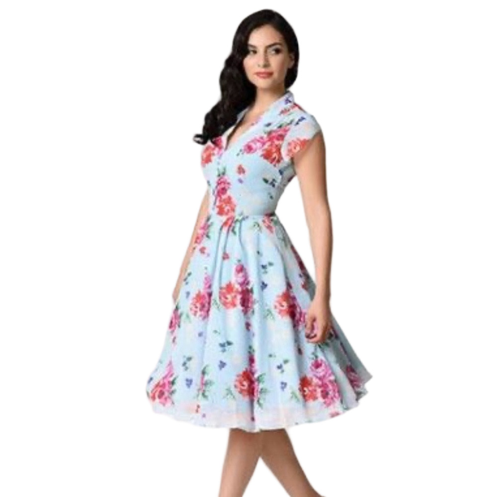 Hell Bunny Vixen Floral Blue 50s Style Dress